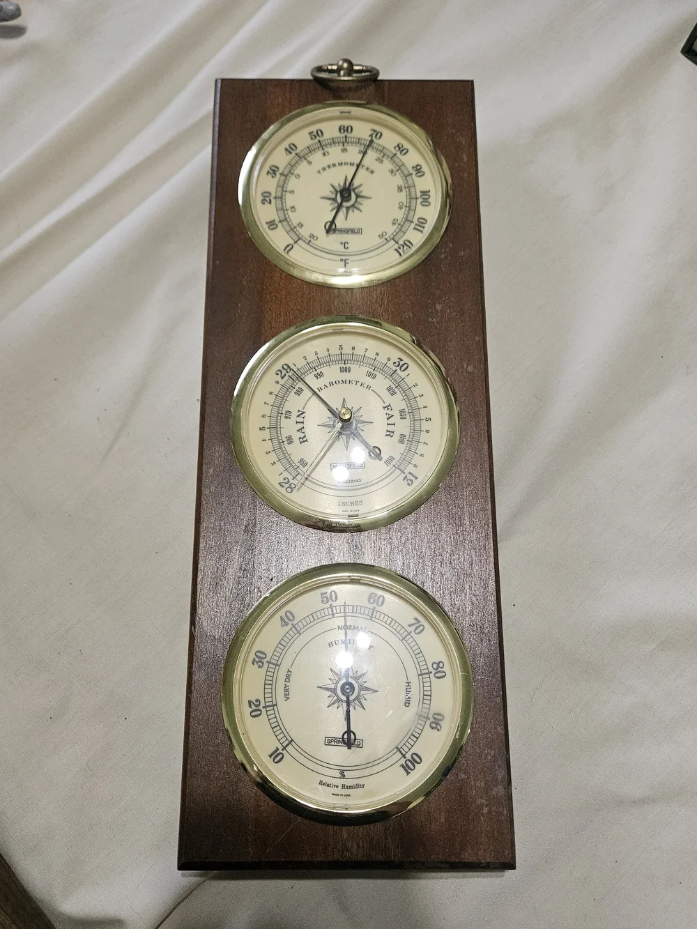 Brown Wood Wall Weather Station with Cream Dials